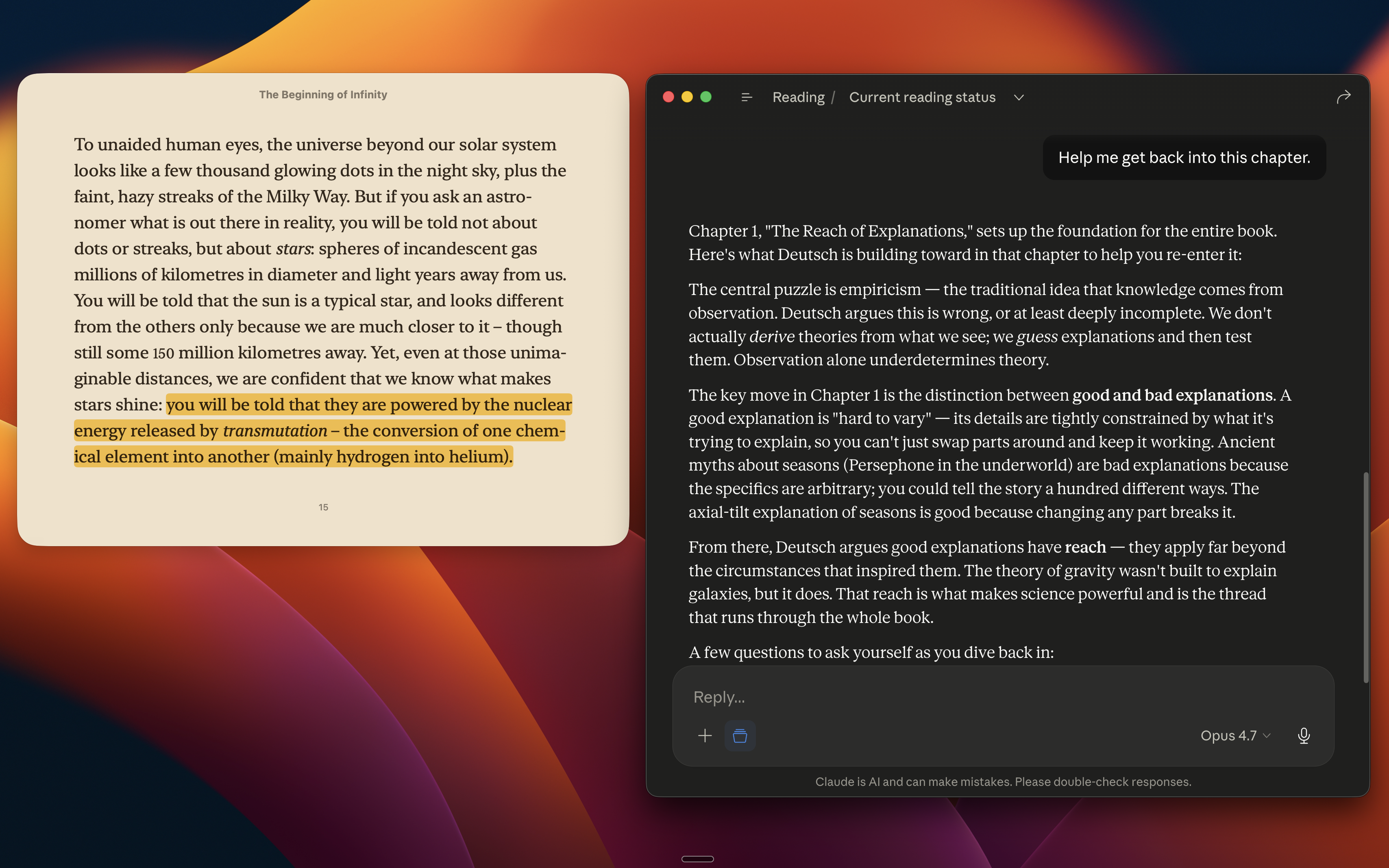 Claude reading the chapter the user is currently on in The Beginning of Infinity, with the Apple Books app open to the same chapter