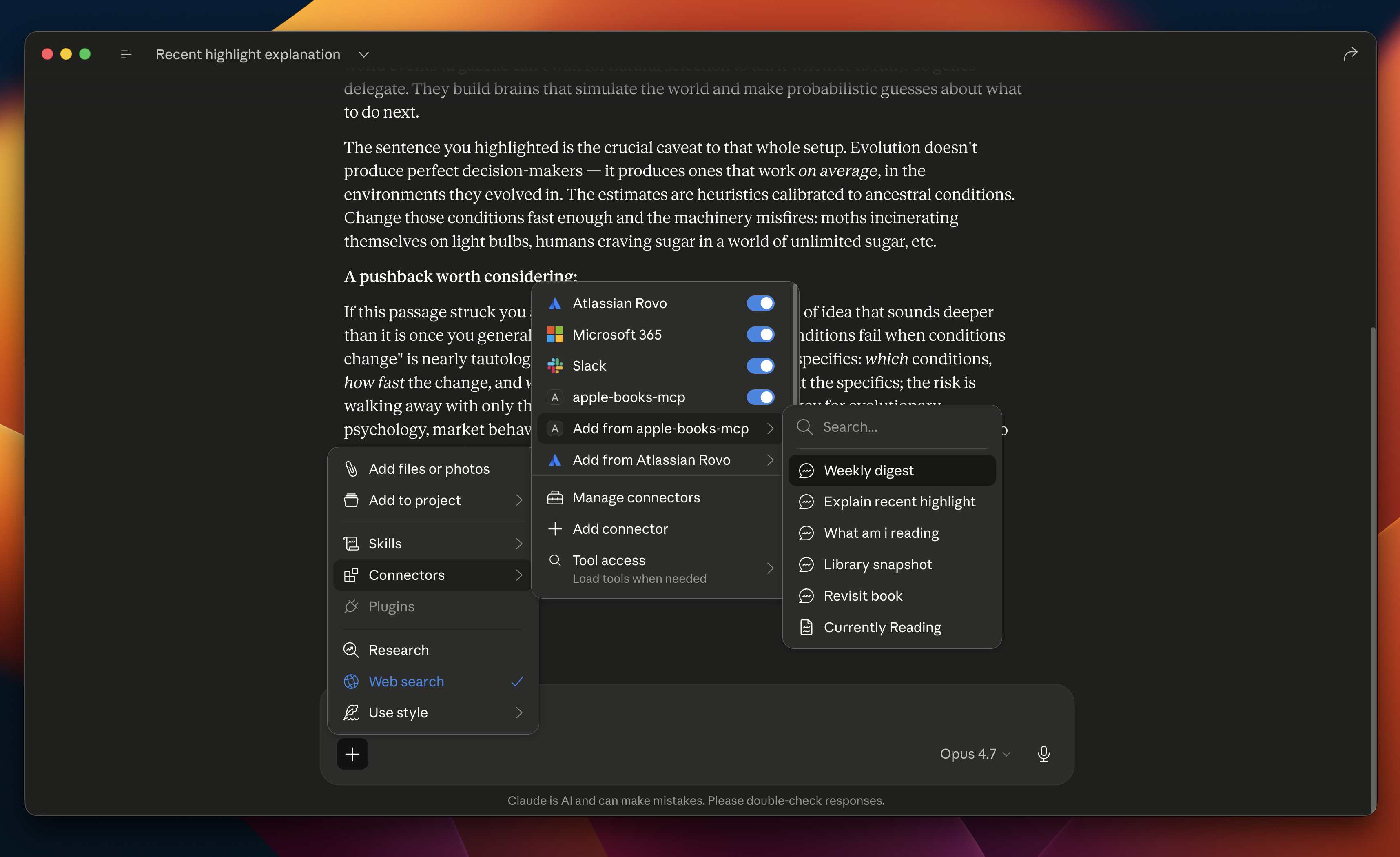 Claude Desktop prompt picker showing Apple Books MCP prompts and the Currently Reading resource