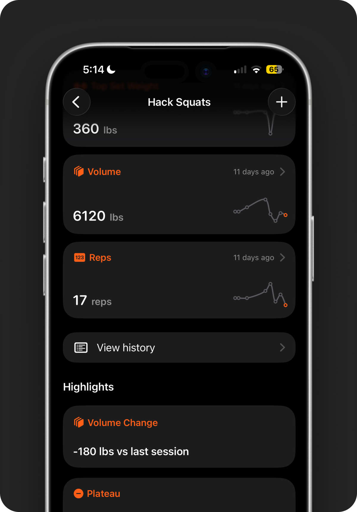 Exercise detail view with top set weight, volume, and reps cards
