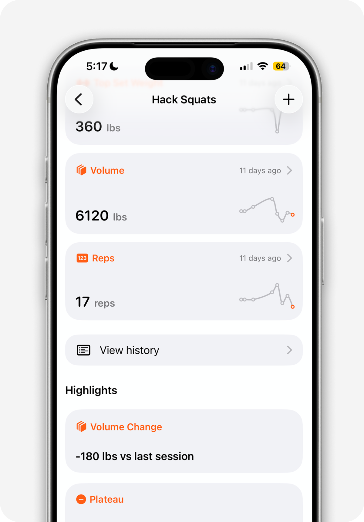 Exercise detail view with top set weight, volume, and reps cards