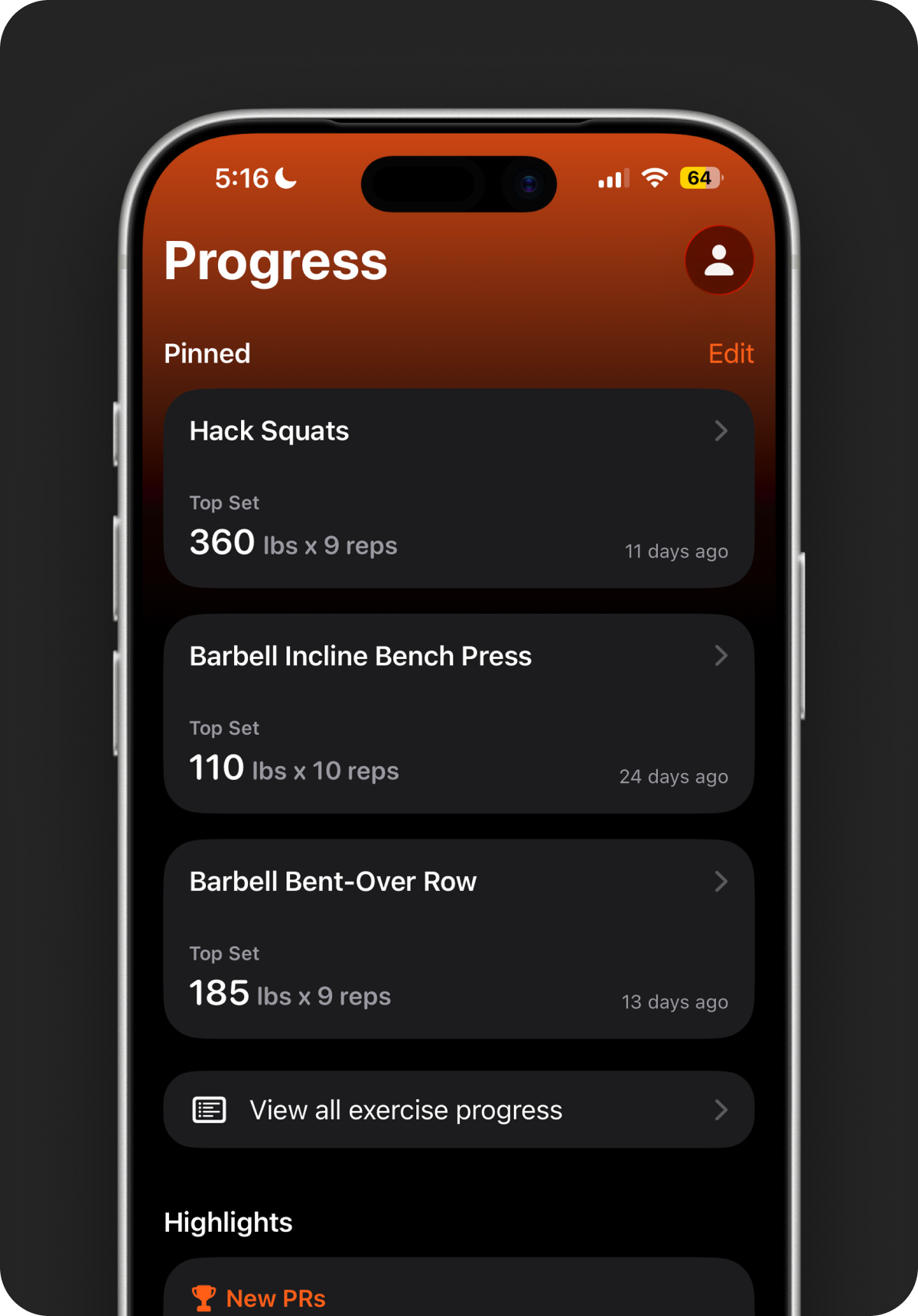 Logs list showing top set reference for multiple exercises