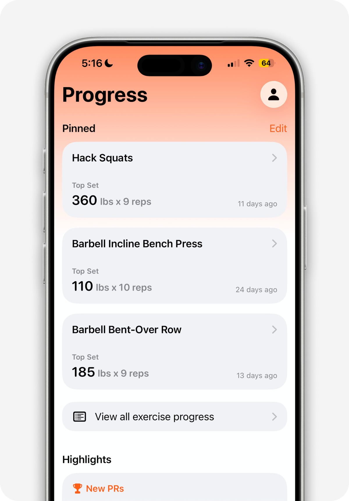 Logs list showing top set reference for multiple exercises