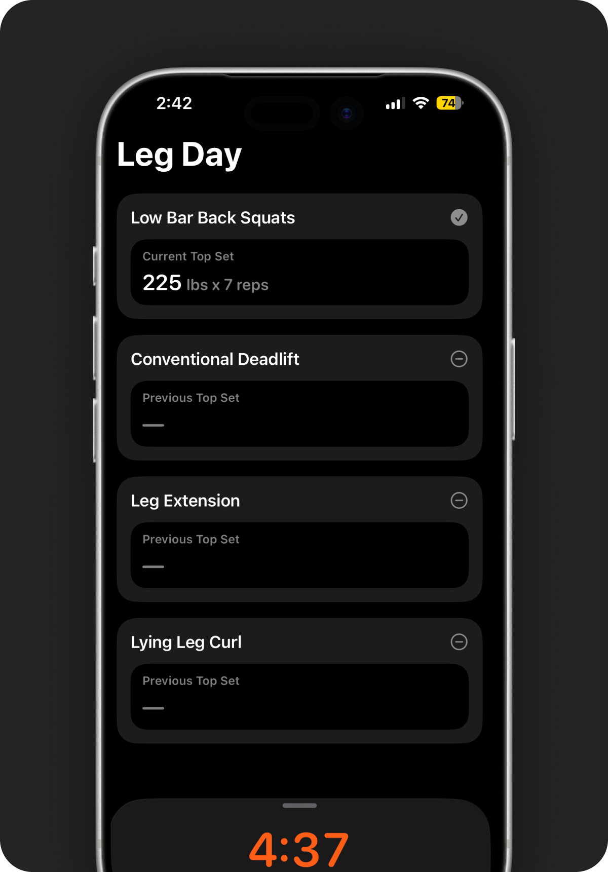 Add Log sheet with sets, weight, and reps