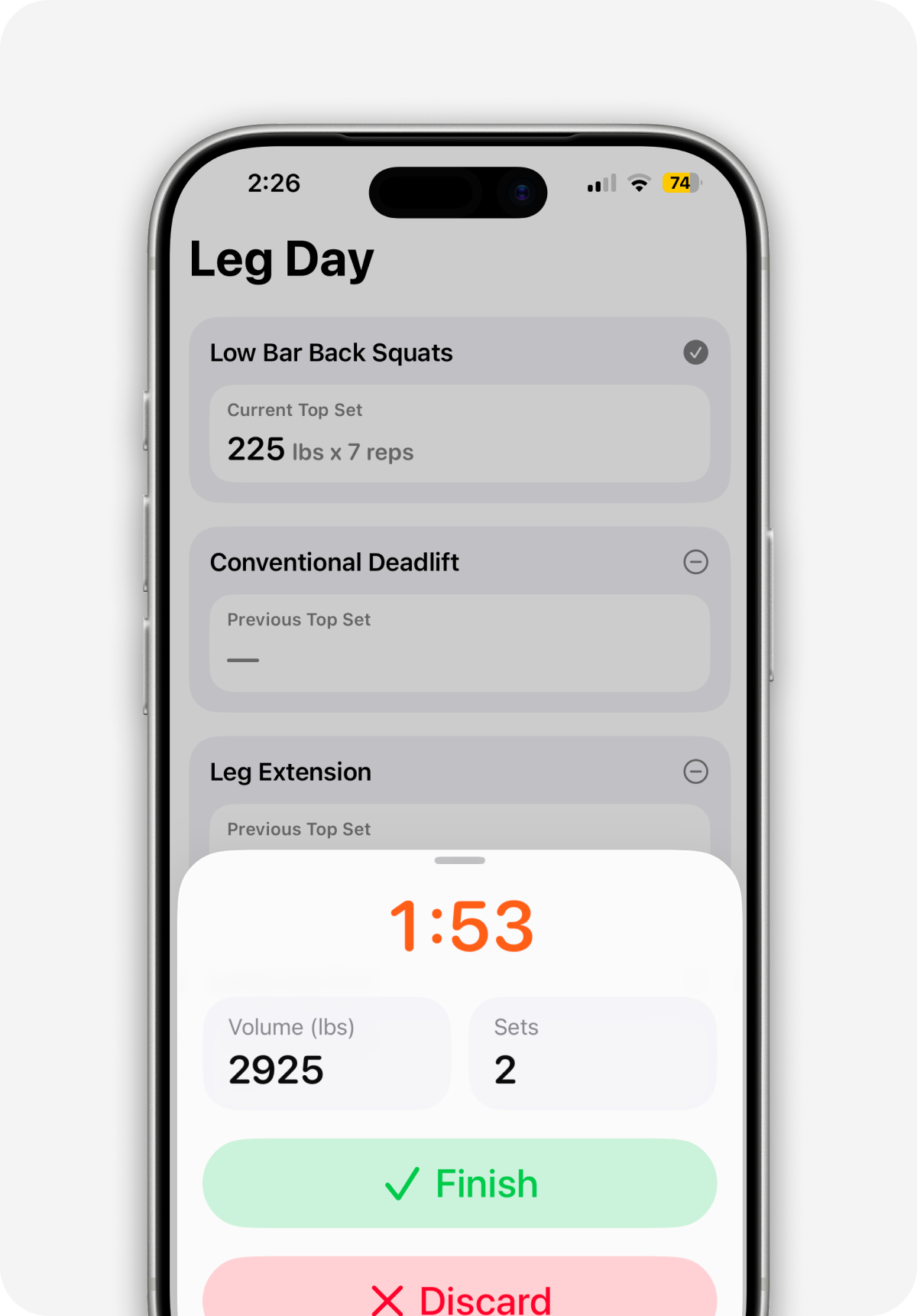 Add Log sheet with sets, weight, and reps